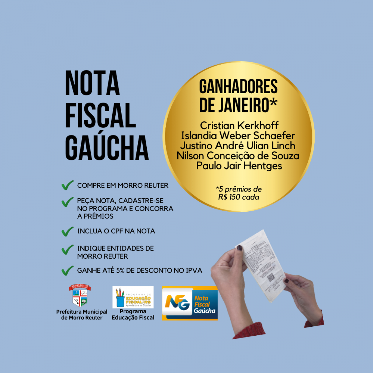 Confira quem são os ganhadores de janeiro do Nota Fiscal Gaúcha